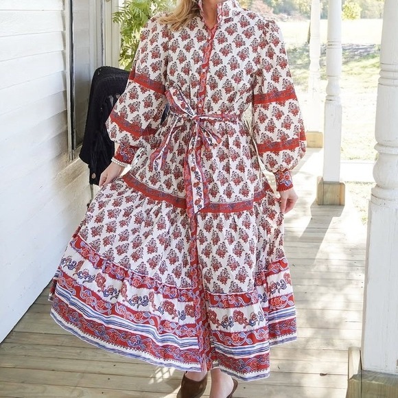 LoveWednesday Dresses & Skirts - Love Wednesday Savanna BlockPrint Midi Dress Orange Ivory Blue Medium cotton
